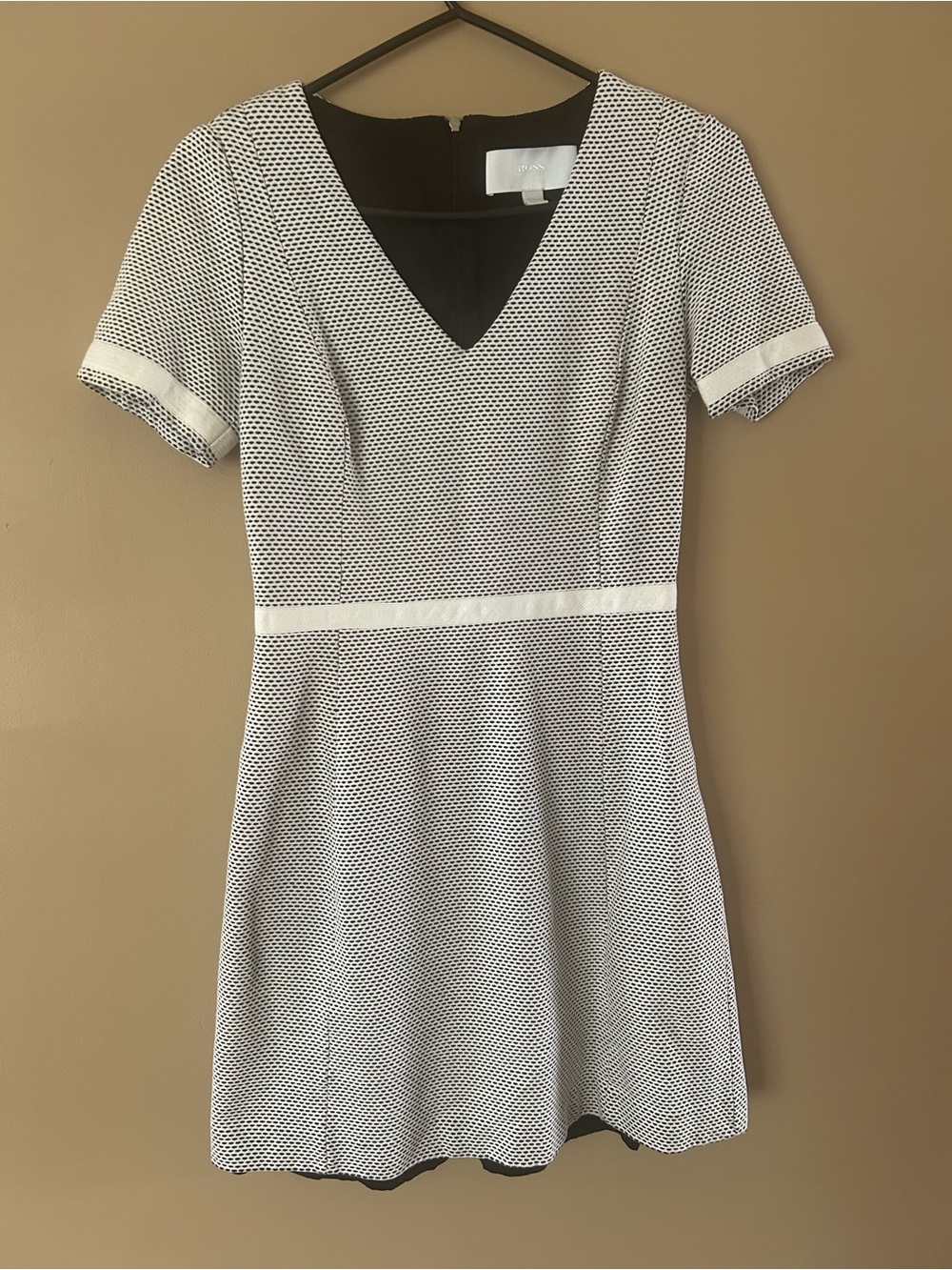 Boss Black & White Textured V-Neck Mini Dress